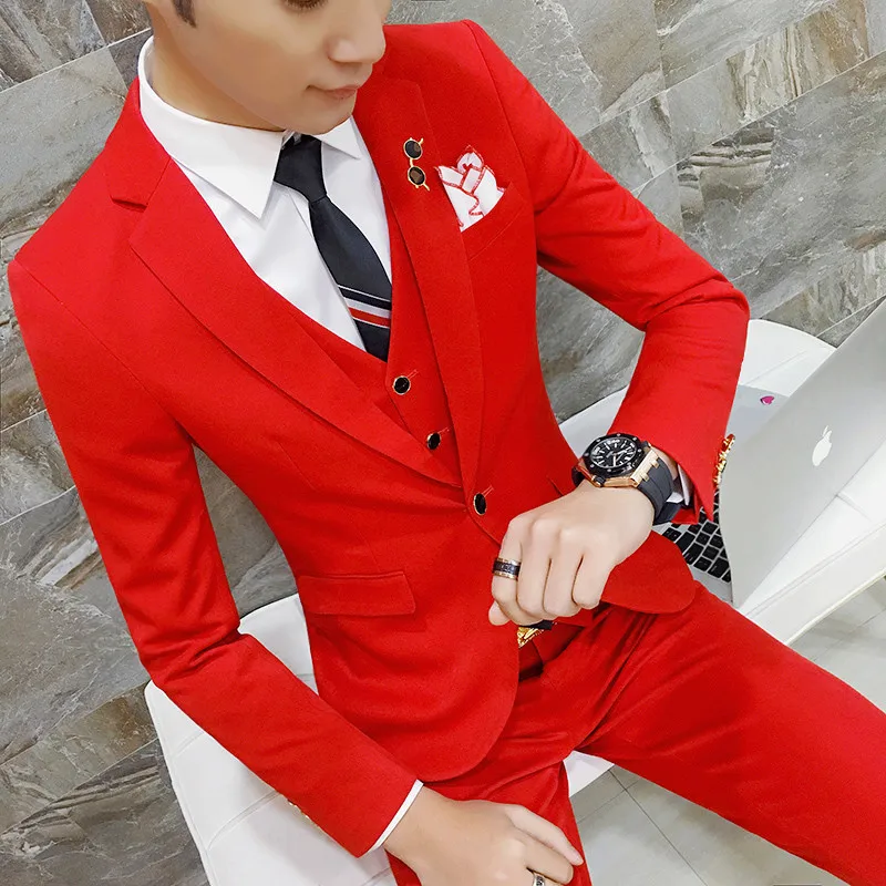 Red black 1 buckle Роскошный мужской тонкий Одноцветный двубортный костюм из 3 предметов, свадебное платье для жениха, мужской комплект, одежда для ужина, пиджак+ брюки+ жилет - Цвет: Red black 1 buckle