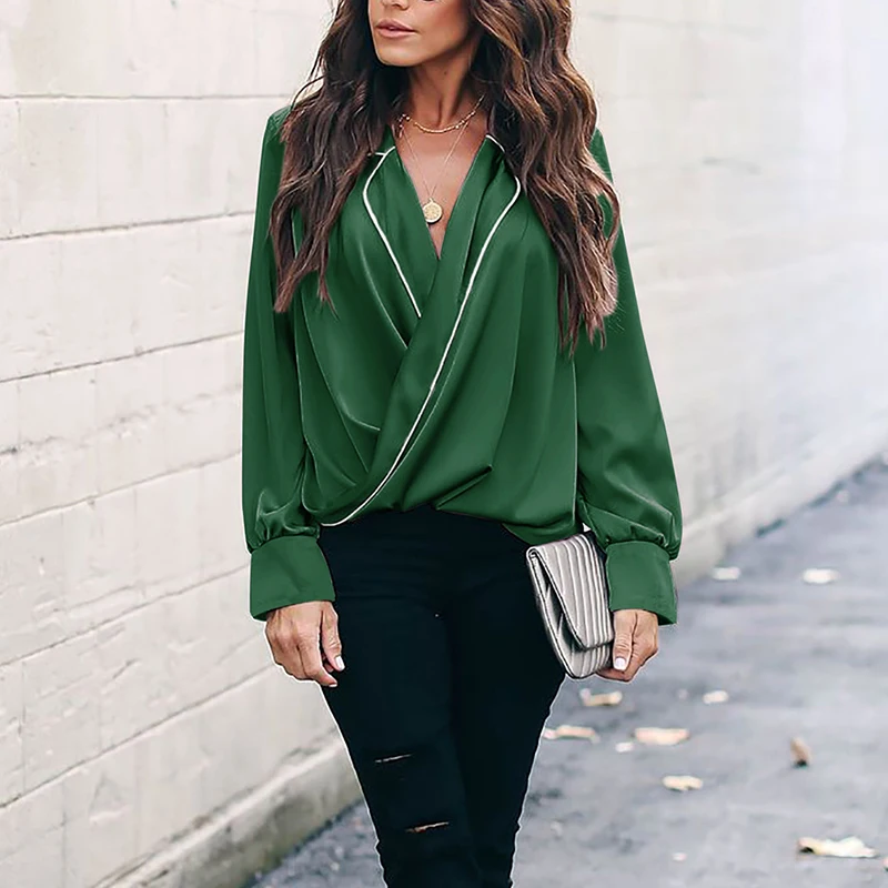 2019 Женские топы с длинным рукавом v-образным вырезом Блузка офисная летняя плюс