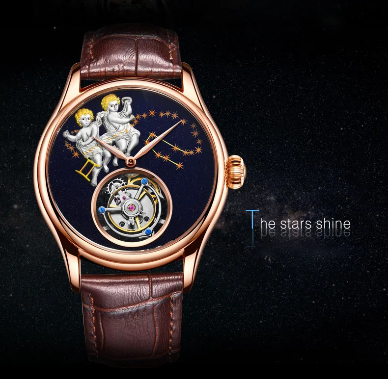 Настоящие Tourbillon, мужские часы, сапфировые близнецы, водонепроницаемые часы со знаком зодиака, мужские механические наручные часы с Tourbillon, 7014G