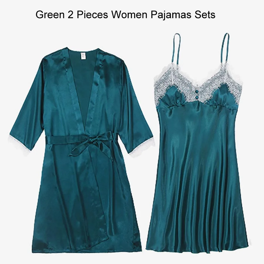 Green Pajama Set (3) Сексуальный халат и платье наборы для женщин атласная одежда для сна комплект из 5 предметов летний домашний вечерний комплект с платьем Slik кружевное ночное белье халат сексуальное ночное платье - Цвет: Green Pajama Set (3)