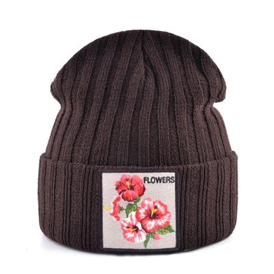 Женская шапка с цветочной нашивкой, осенне-зимние вязаные шапки Skullies, женские зимние мягкие двухслойные вязаный капот, мужские шапки Gorras - Цвет: Brown