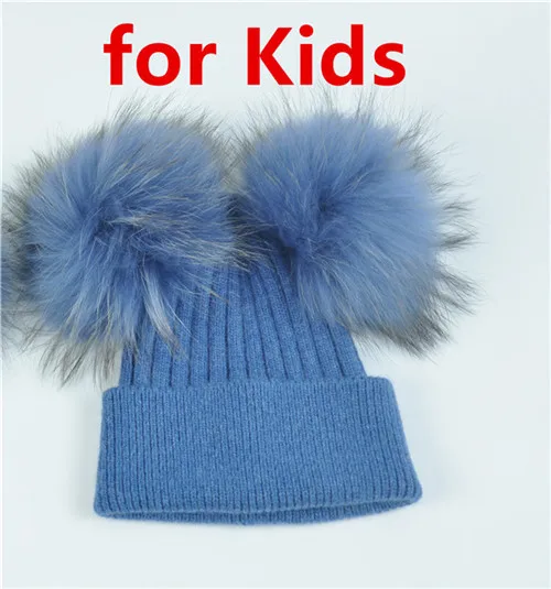 Blue for kids Кашемировая зимняя шапка для детей и женщин, шерстяные шапки для родителей и маленьких мальчиков, теплая вязаная шапка с помпоном, двойная настоящая меховая шапка с вязаным помпоном - Цвет: Blue for kids
