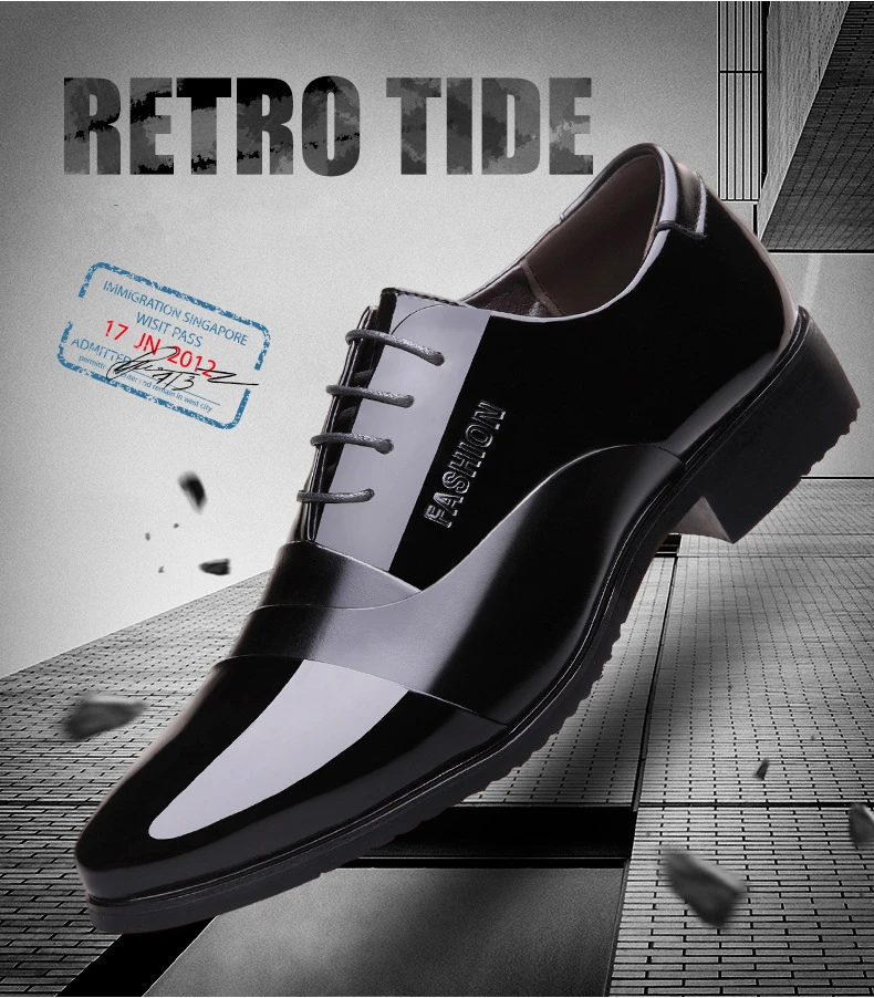 Height increasing 6CM Pointed Toe Formal Men Dress Shoes Patent Leather Wedding Shoes for Men Elegant Black Leather Shoe