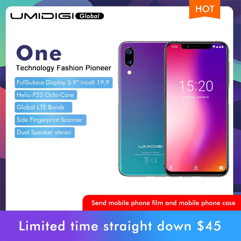 UMIDIGI ONE глобальная версия 5," Полный Мобильный телефон Android 8,1 P23 Восьмиядерный 4 ГБ 32 ГБ смартфон 12 Мп+ 5 Мп двойной 4G мобильный телефон