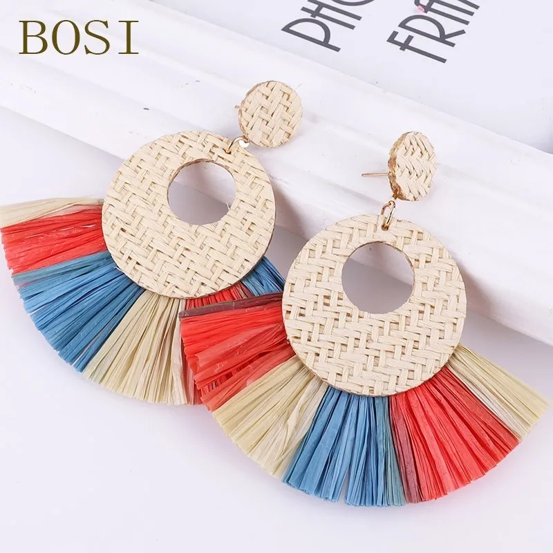 Серьги из ротанга ручной работы с кисточками для женщин богемные круглые висячие