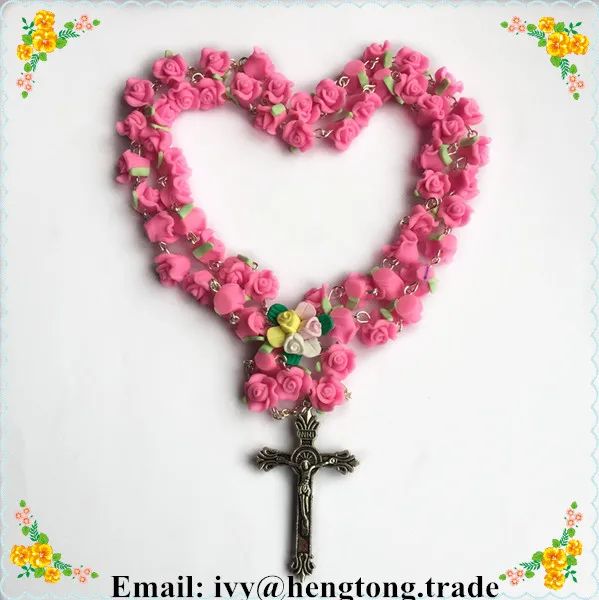 

Freeship catholic polymer clay flower Rosary necklace, beautiful rose Soft Ceramic bead rose rosary catholic crucifix Necklace