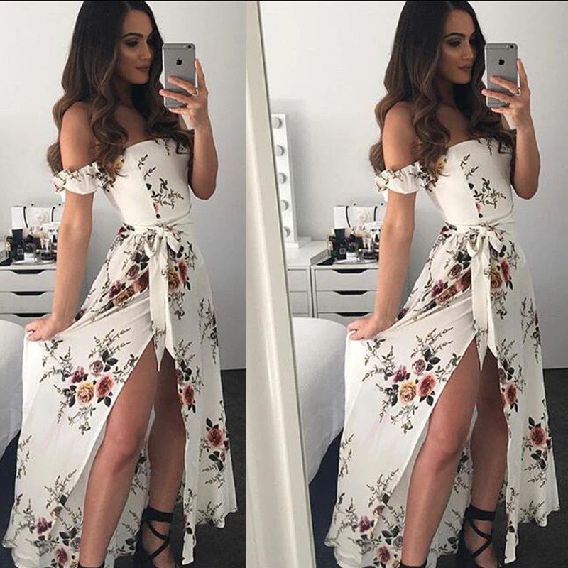 Summer 2018 New Long Dress Women Off Shoulder Thin Belt Maxi Dresses Vestidos Sexy White Split Beach Strapless Boho Style | Женская