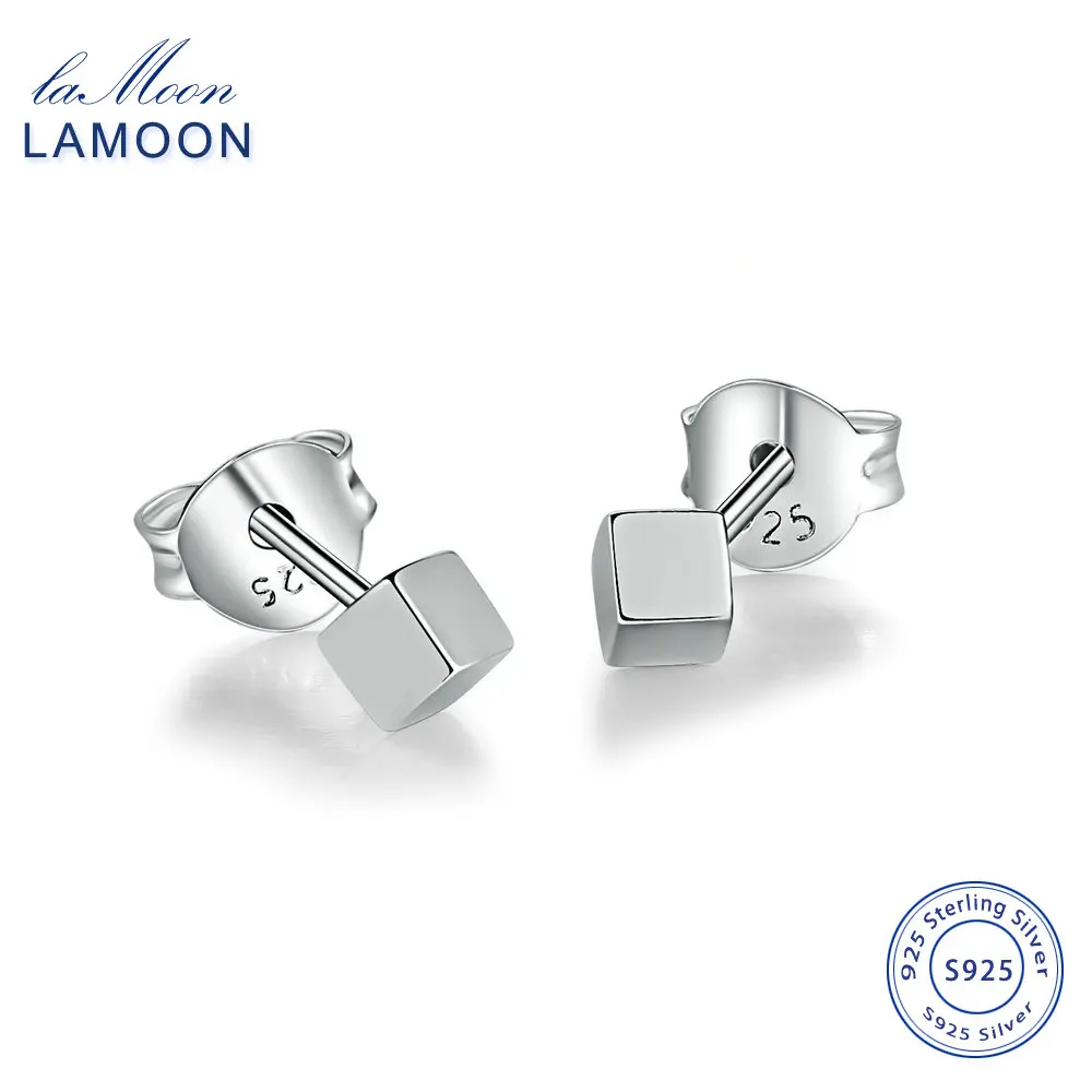 Женские серьги гвоздики LAMOON S925 гладкий кубик 100% Настоящее серебро 925 пробы