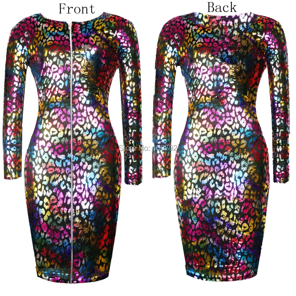 Sexy Colored Rainbow Leopard Faux Leather Zipper Front Bandage Pencil Dresses New 2015 Long Sleeve Women's Bodycon Midi Dress | Женская