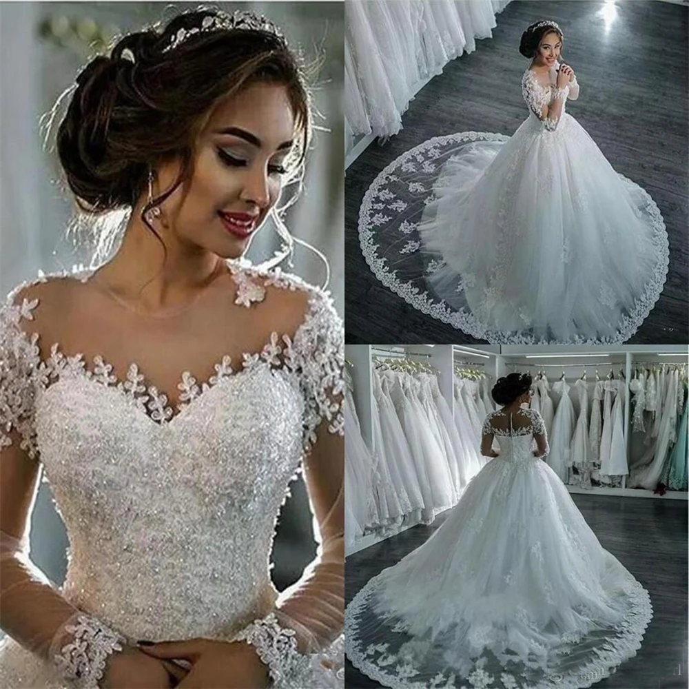 

Sexy Illusion Wedding Dresses Full-length Court Train Zipper Empire Pearls Beading Appliques Empire vestido Bridal Wedding Gowns