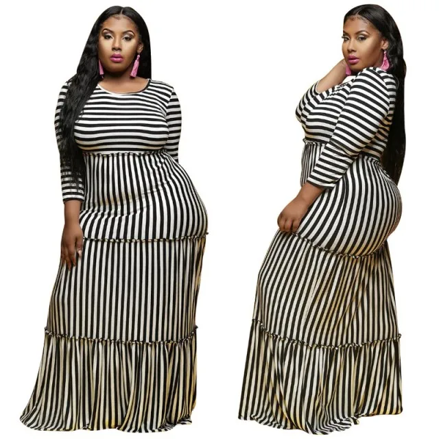 Black and white 3XL 4XL Большой размер Лето-Осень платье большого размера белое черное длинное Повседневное платье макси в полоску Женская одежда размера плюс - Цвет: Black and white