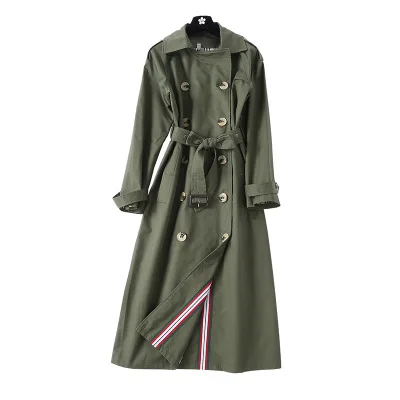 Army green Высококачественный Тренч Женский Модный Полосатый Классический двубортный ремень длинное пальто Женская водонепроницаемая деловая верхняя одежда - Цвет: Army green