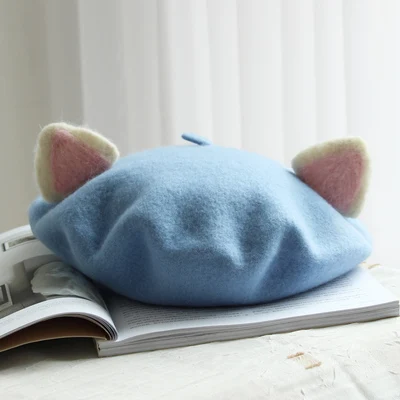 Sky blue Ручной шерстяного фетра с кошачьими ушками береты express; meow родитель-ребенок почки шляпа - Цвет: Sky blue
