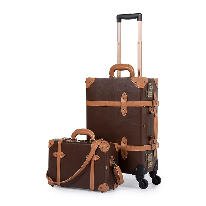 Cocoa Brown COTRUNKAGE мужские TSA замок Винтаж вести чемодан коричневый из искусственной кожи Rolling Trunk женские чемодан Комплект 2 шт. с косметичка - Цвет: Cocoa Brown