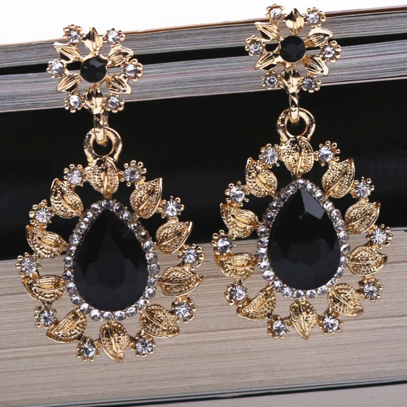 ES2120 Black Crystal Water Drop Earrings CZ Vintage Geometric Gold Square Exaggerated Long Dangle Earrings for Women Brincos Party Jewelry - Окраска металла: ES2120 Black