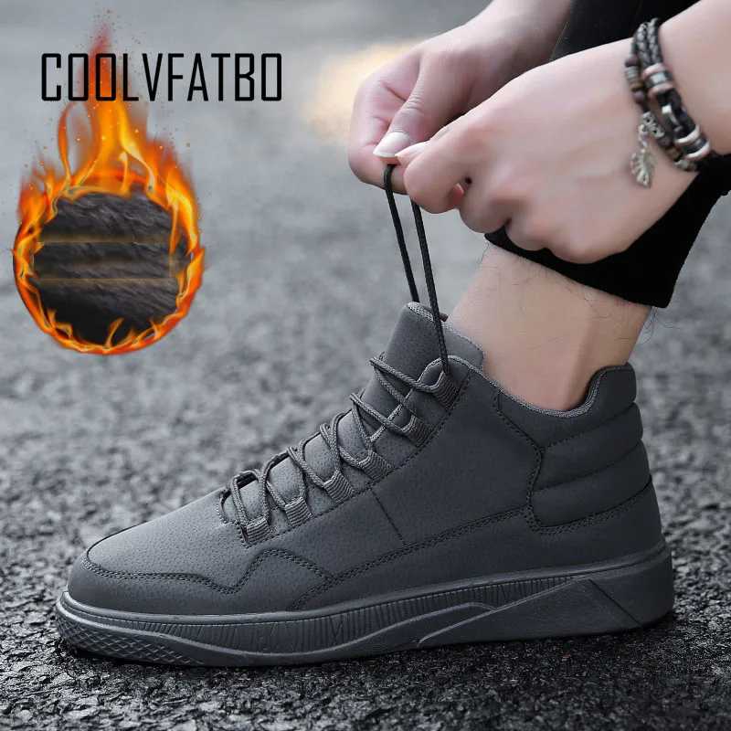 Gray-Fur COOLVFATBO Мужская Вулканизированная обувь; зимняя обувь на плоской подошве; теплые плюшевые удобные мужские кроссовки; замшевая мужская обувь на шнуровке - Цвет: Gray-Fur