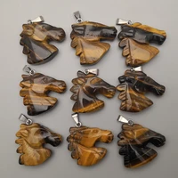 fashion natural stone horse head tiger eye pendants necklaces for making jewelry charm animal good quality 12pcslot wholesale