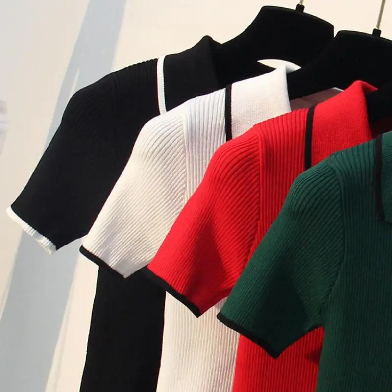 Женские летние трикотажные рубашки пуловеры с отложным воротником 2019 поло из