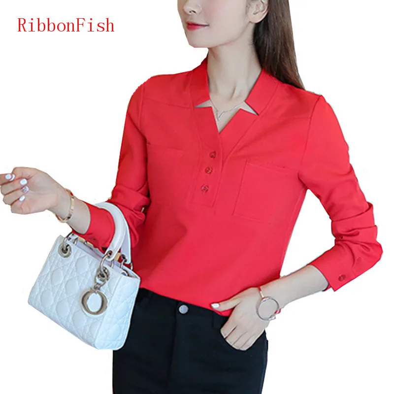 

Spring Summer Style Women Office Work Wear OL Chiffon Blouses Shirt Lady Grils Long Sleeve Decor V-Neck Blusas DF1175