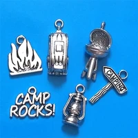 mixed 30pcs antique silver plated camping charms collection camper trailer camp rocks lantern fire grill road sign diy pendant