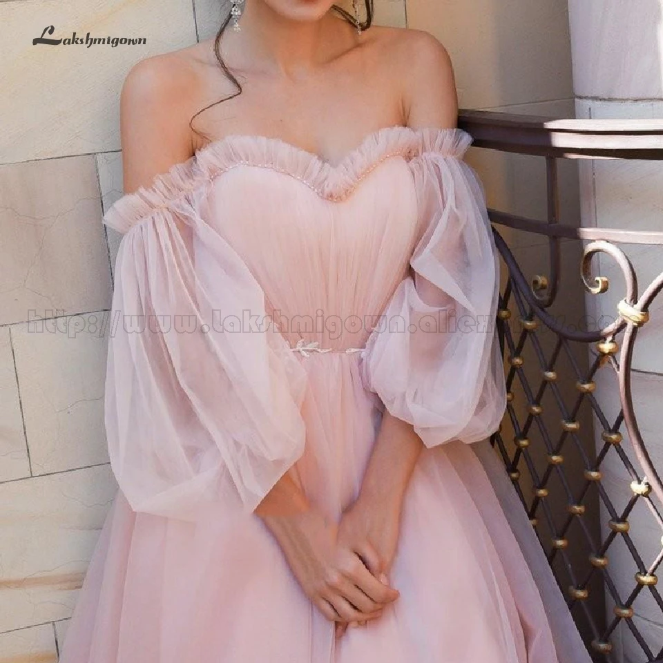 Lakshmigown Floral Pink Wedding Dress A Line Elegant Long Sleeve Bridal Dresses Off Shoulder Gelinlik Tulle Wedding Gown