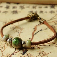 women men ceramic bracelets silver flower beads charm cuff bangle link chain adjustable leather wristbands ethnic jewelry