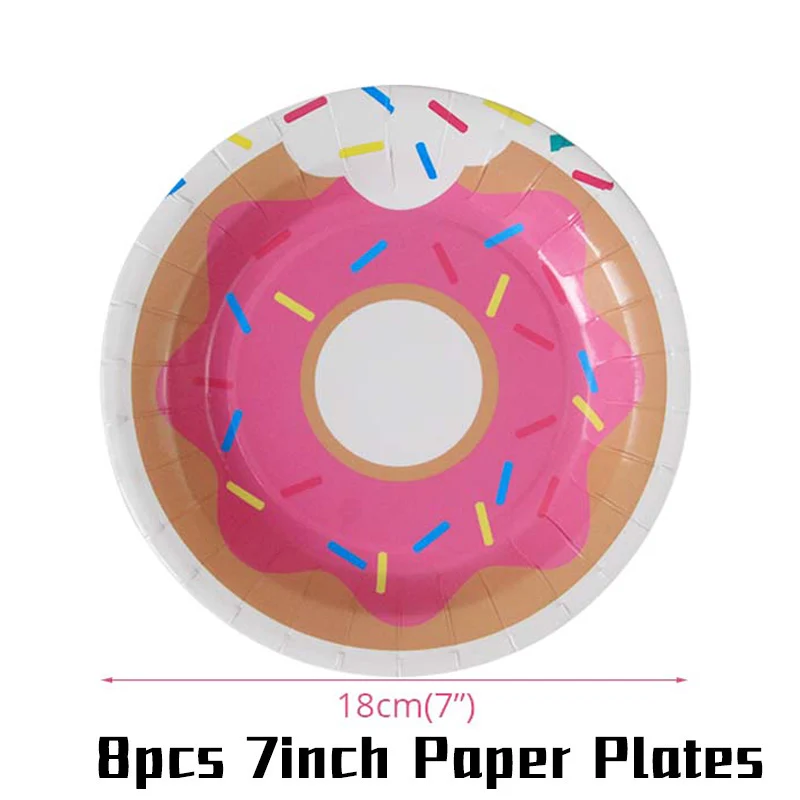 8pcs 7inch Plates MEIDDING пончик вечерние одноразовые столовые приборы бумажные тарелки салфетки для стаканчиков баннер детский душ Дети День рождения украшения принадлежности - Цвет: 8pcs 7inch Plates