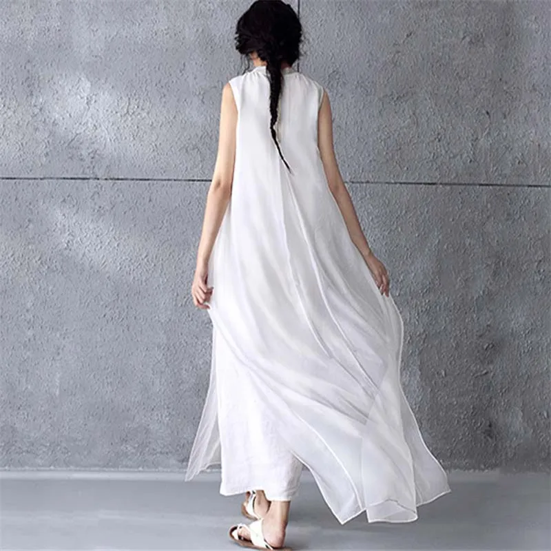 Женское длинное платье с круглым вырезом летнее белое хлопково льняное