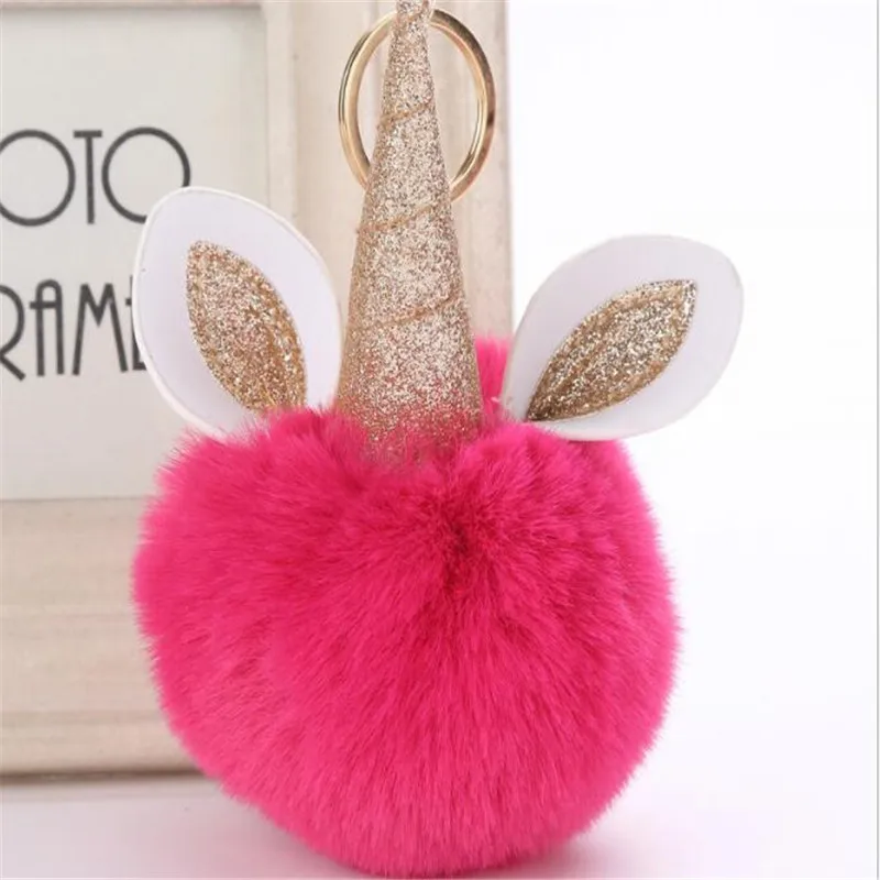 hot pink Блестящий Единорог Pom брелок искусственный помпоны Кролик Мех Шар помпон брелок женская сумка автомобильный брелок B137 - Цвет: hot pink