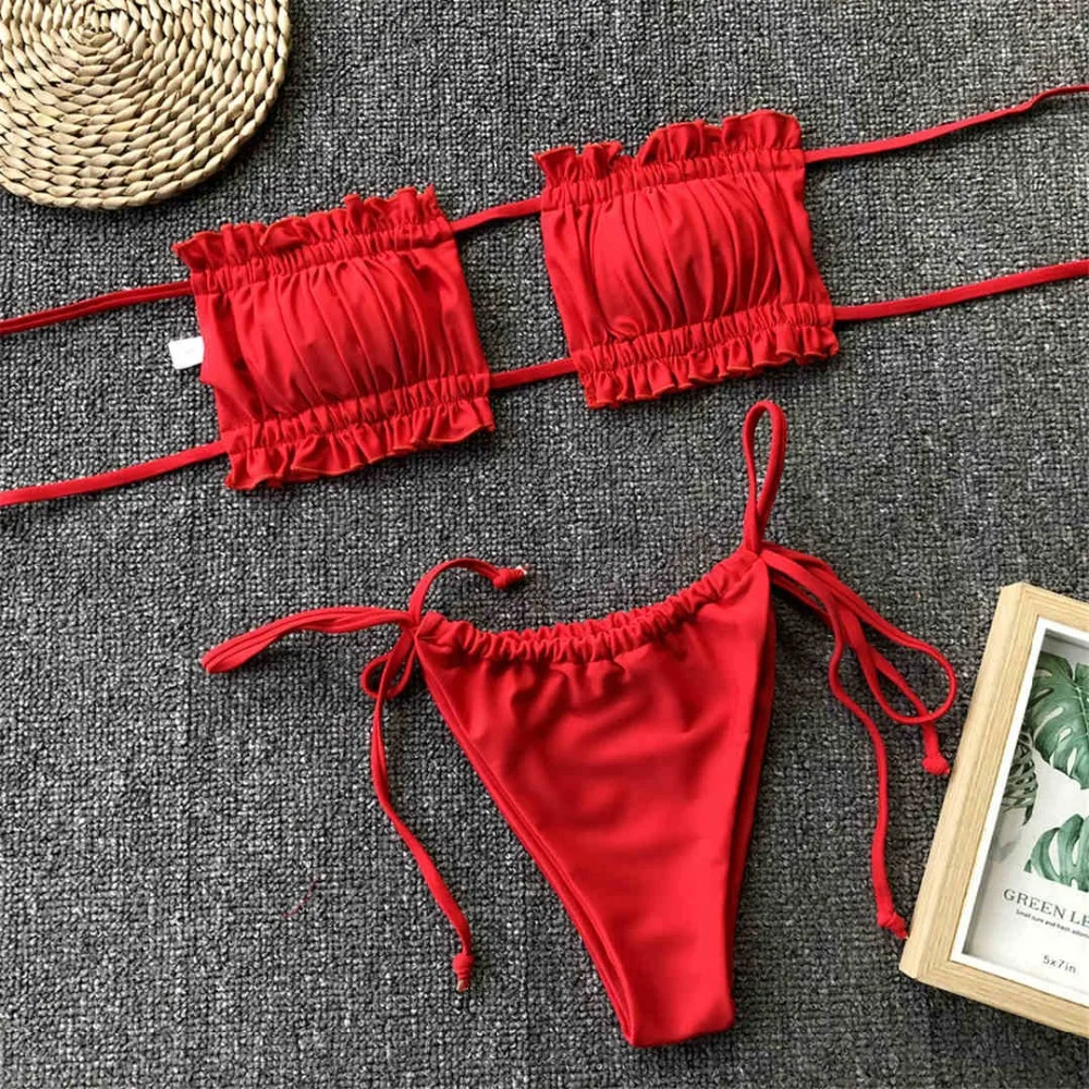 New Pleated Bandeau Brazilian Bikini 2021 Swimsuit Female Swimwear Women Two-pieces set Bather Bathing Suit | Женская одежда