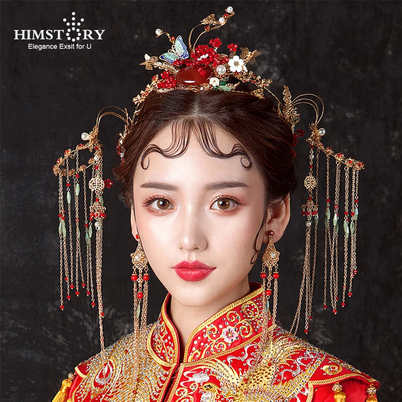 HIMSTORY восточные китайские ретро свадебные аксессуары для волос винтажные красные