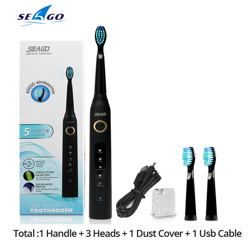 black seago 507 Seago SG-507, электрическая зубная щетка для взрослых с таймером, электрическая зубная щетка с зарядкой от USB, 3 шт., Сменная головка щетки - Цвет: black seago 507
