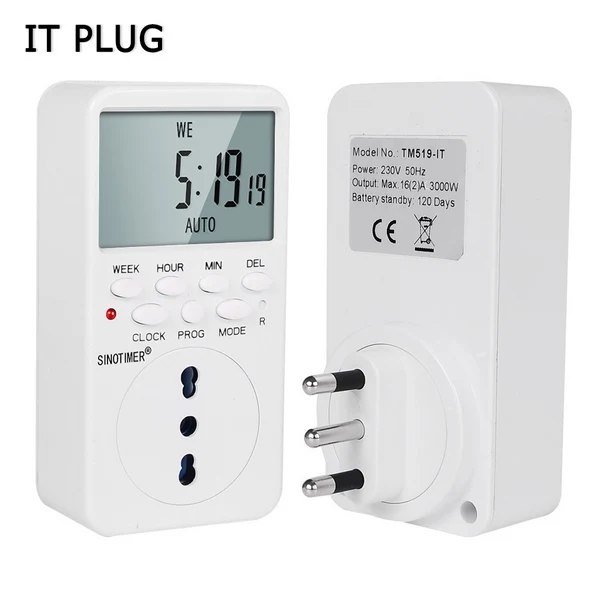 IT Type EU Plug Outlet Electronic Digital Timer Socket with Timer 220V AC Socket Timer Plug Time Relay Switch Control Programmable - Color: IT Type