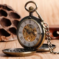retro bronze hollow case double full hunter design roman number skeleton mechanical pocket watches steampunk fob watch for men