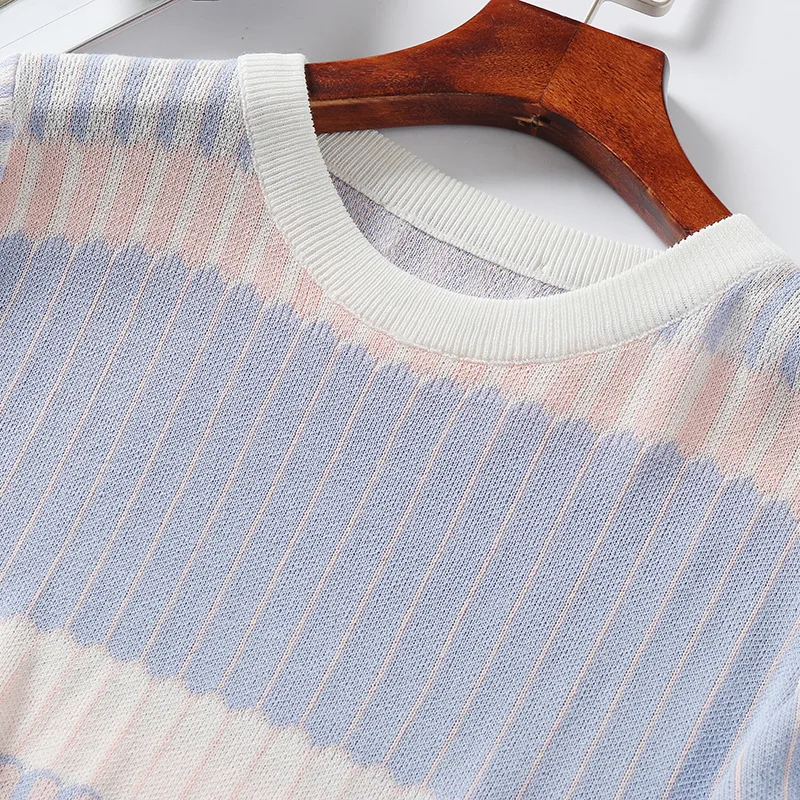 Женская летняя футболка из Tencel вязаные короткие рукава оборки круглый вырез