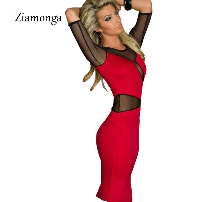 Платье Карандаш C0420 черное красное с длинным рукавом|dresses with mesh|bodycon dressdress |