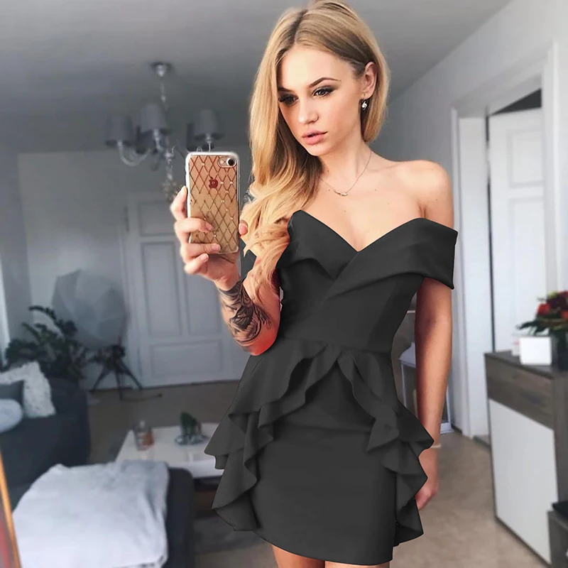 2019 летнее черное сексуальное элегантное платье с оборками и открытыми плечами
