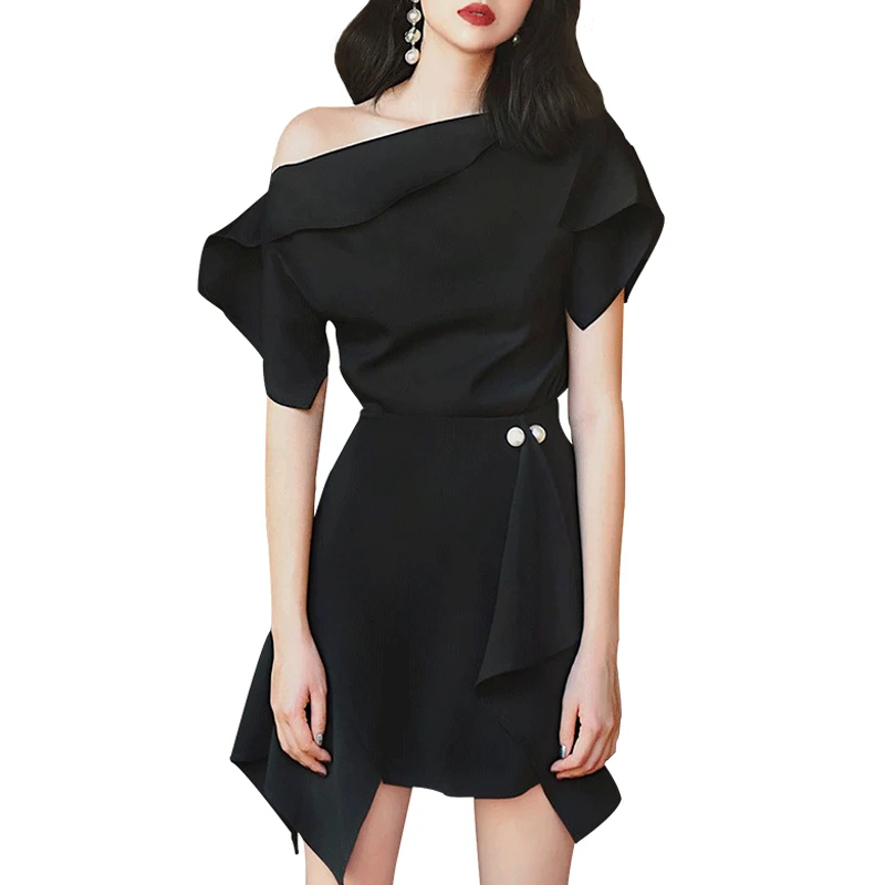 INDRESSME Новинка женское асимметричное облегающее мини-платье с открытыми плечами и жемчужными пуговицами Женская одежда для клуба Vestidos