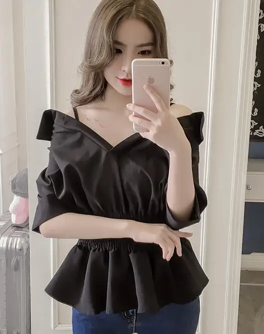 short sleeve black Сексуальные топы, хит, женский дизайн, Осенний топ на тонких бретелях с открытыми плечами, Топ с длинным рукавом, топ с баской, черная, белая, милая рубашка, блузки, 7127 - Цвет: short sleeve black
