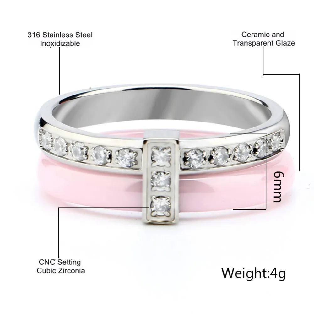 Модные Классические Стиль Стразы Керамика кольца Bling прозрачная обувь с украшением в виде кристаллов Нержавеющая сталь для Для женщин и девочек розовый кольцо, ювелирное изделие, подарок