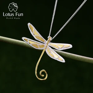 Lotus весело Настоящее стерлингового серебра 925 природных Стиль ручной работы Fine Jewelry милый Стрекоза кулон без ожерелья для женщин