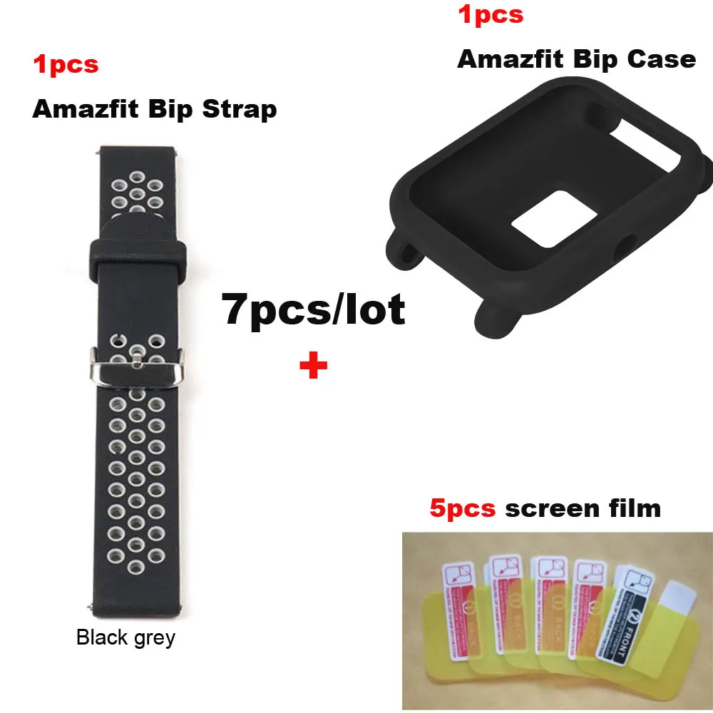 7/лот для Xiaomi Huami Amazfit Bip Bit Lite ремешок для часов 20 мм наручный браслет защита экрана Pantalla пленка защитный чехол - Цвет: BlackGrey-Black Case