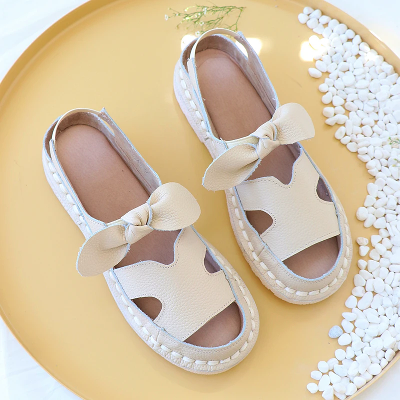 Careaymade-Cowhide soft sole hollow shoes Literature Art Korean flat sole pregnant women's shoes Roman  comfortable sandals