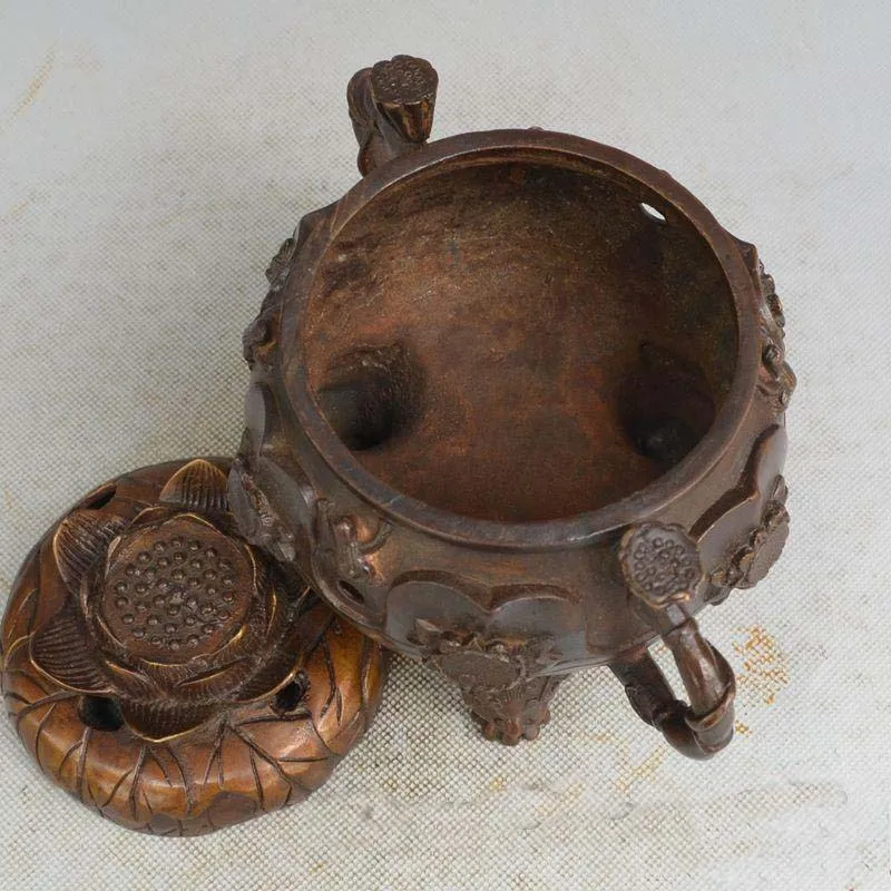 China carved frog luck Red copper water lily incense burner Statue | Дом и сад