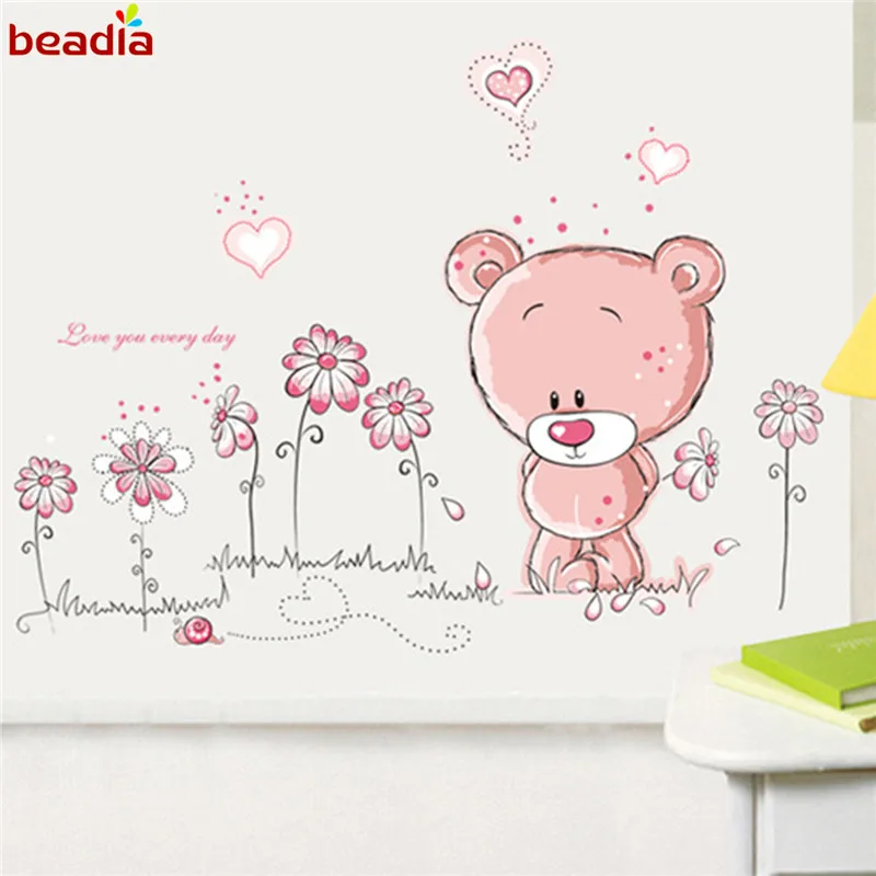 Мультяшные милые розовые животные медвежонки цветы для детей декор детской