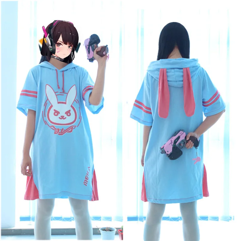 Kawaii D. va длинная Лоскутная футболка женская с капюшоном Dva футболка с капюшоном Женская Diva Hana Song с ушками D. va Пижама