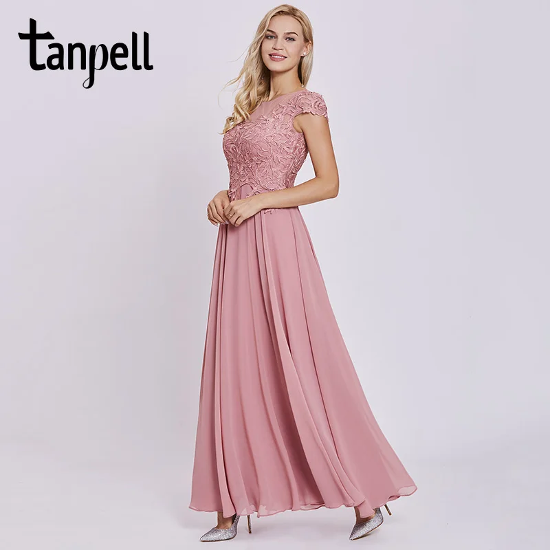

Tanpell appliques prom dresses peach cap sleeves lace floor length a line gown cheap women scoop evening formal long prom dress