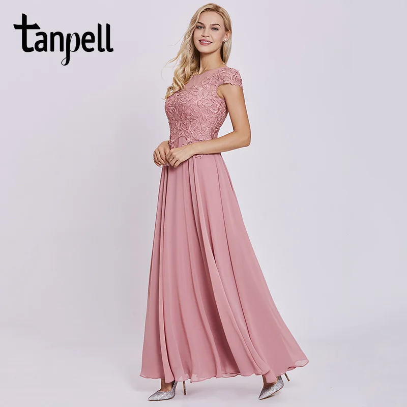 Tanpell appliques prom dresses peach cap sleeves lace floor length a line gown cheap women scoop evening formal long dress | Свадьбы и