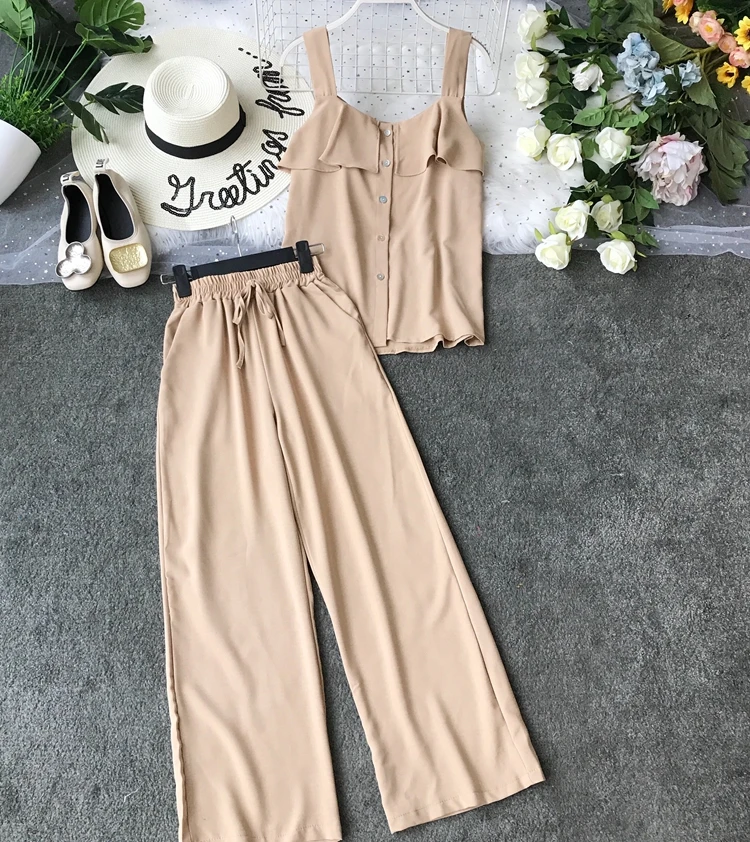 ALPHALMODA/ летний однобортный Топ с оборками+ широкие брюки, Женский повседневный комплект из 2 предметов, женские летние однотонные штаны, костюмы