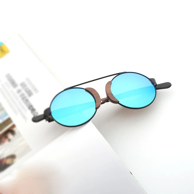 blue lens BerWer дизайн деревянные круглые солнцезащитные очки для Для мужчин и Для женщин прямую доставку(с крышкой) солнцезащитных очков Чехол - Цвет линз: blue lens